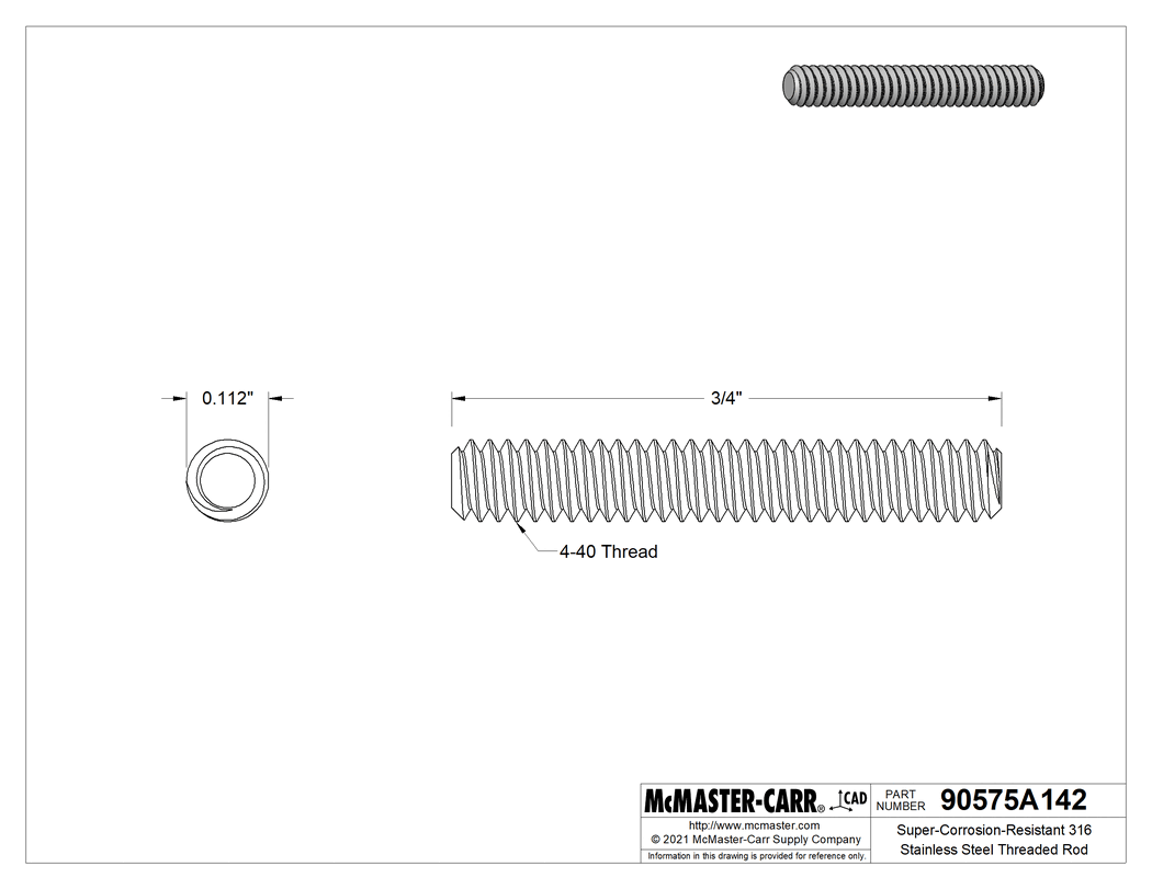 Technical Drawing of Super-Corrosion-Resistant 316 Stainless Steel Threaded Rod, 4-40 Thread Size, 3/4" Long.